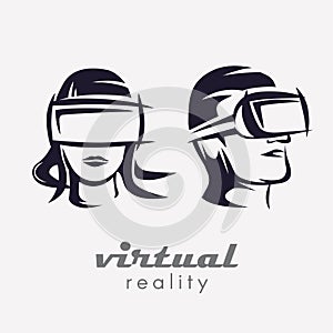 Mans and womans head in VR glasses icon, photo