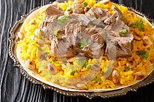 Mansaf is a dish of rice, lamb, and a dry yoghurt made into a sauce called jameed closeup in the plate. horizontal photo
