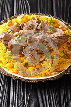 Mansaf is a traditional Arab dish made of lamb cooked in a sauce of fermented dried yogurt and served with rice closeup in the photo