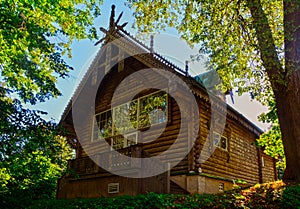 The mansion is decorated with wooden carving in the Abramtsevo estate, Moscow region, Russia