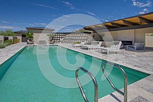 Mansion home outdoor plaza patio and pool