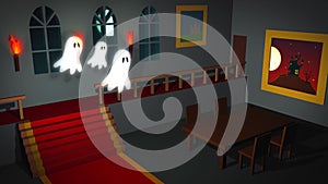 Mansion interior with torches, carpet and old furniture haunted by the ghost