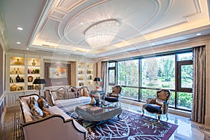 Mansion living room with large windows