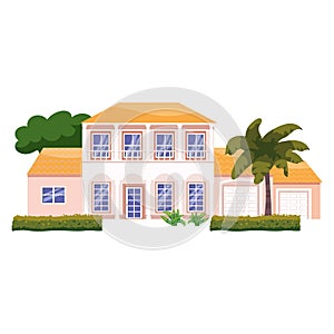 Mansion Residential Home Building, tropic trees, palms. House exterior facades front view architecture family cottage