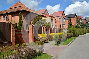 Mansions from a red brick in the cottage settlement. Kaliningrad