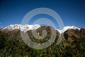 Mansiri Himal range on the Annapurna circuit trek in Nepal. Scenery views of Snow capped peaks of Himalayas