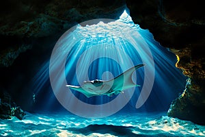 A manta ray swims through a cave, bathed in sunlight. The blue water sparkles and the ray\'s silhouette is visible photo