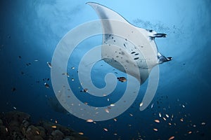 Manta rays gliding over divers in Maldives