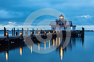 Manteo NC Boardwalk and Lighthouse at Blue Hour