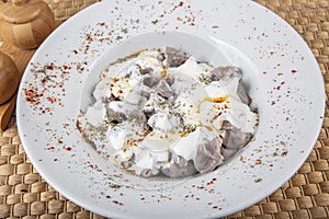 Manti from buckwheat flour. Manti Turkish Ravioli Kayseri with yogurt and chili sauce