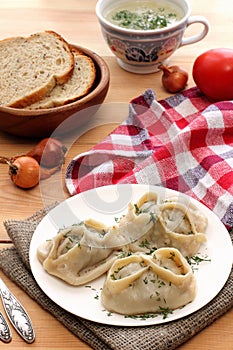 Manti dumpling on white plate.