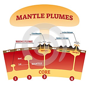 Mantle plume vector illustration. Labeled explanation magma eruption scheme