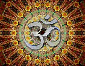 Mantra om in center of meditation mandala photo