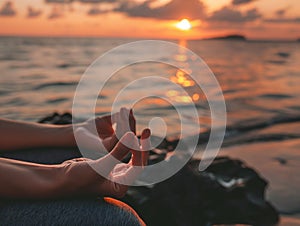 Mantra yoga meditation, spiritual health practice by the sea at sunset, concept for silence and relaxation