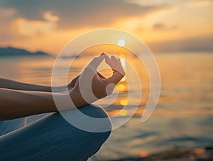 Mantra yoga meditation, spiritual health practice by the sea at sunset, concept for silence and relaxation