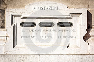 MANTUA: View of a ancient marble mailbox from Le Poste, the Italian public postal service, in the city Mantua. Italy photo