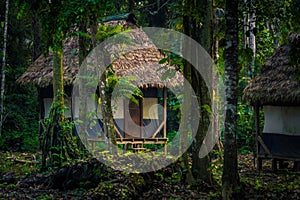 Manu National Park, Peru - August 08, 2017: Lodges of Cocha Otorongo in the Amazon rainforest of Manu National Park, Peru