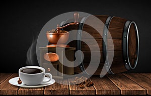 Manual coffee grinder with coffee beans and cup of coffee on a wooden table. Highly realistic illustration