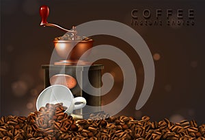 Manual coffee grinder with coffee beans and cup. Highly realistic illustration