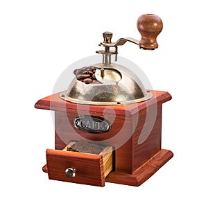 manual coffee grinder with coffee beans isolated