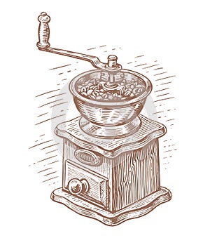 Manual coffee grinder for grinding coffee beans. Hand drawn old retro wooden coffee mill in vintage engraving style