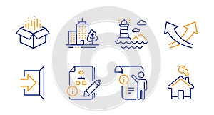 Manual doc, Lighthouse and Open box icons set. Skyscraper buildings, Intersection arrows and Algorithm signs. Vector