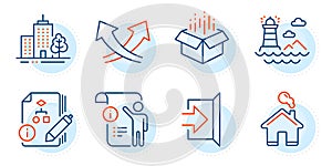 Manual doc, Lighthouse and Open box icons set. Skyscraper buildings, Intersection arrows and Algorithm signs. Vector