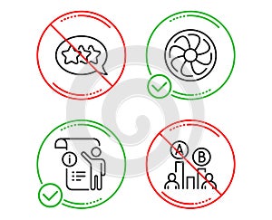 Manual doc, Stars and Fan engine icons set. Ab testing sign. Project info, Customer feedback, Ventilator. Vector