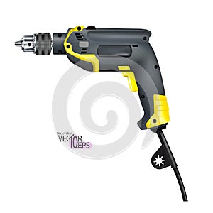 Manual Electric realistic drill isolated on white background. Construction tool detailed icon. Yellow black corded professional