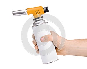 Manual gas torch burner in hand on white