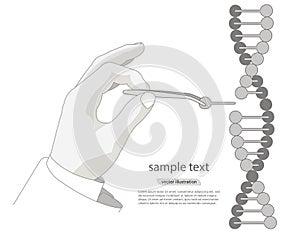 Manual genetic engineering. Manipulation of DNA double helix with with bare hands, tweezers. vector on a white