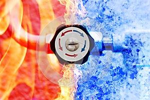 Manual heating controller with red and blue arrows in fire and ice background