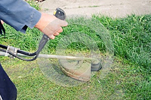 Manual lawnmower mowed the grass