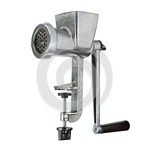 Manual metal meat grinder on a white background.