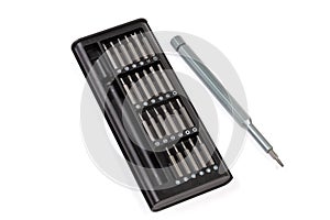 Manual mini screwdriver and set of interchangeable bits in case
