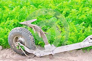 A manual plow on an electric winch. Cultivator. Agricultural tools, farming. Agriculture. Plowing the ground before planting,
