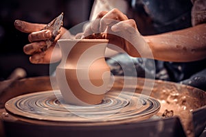 Hands of potter do a clay pot photo