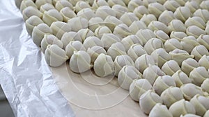 manual production of dumplings at a food factory from dough and minced meat