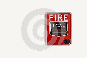 Manual pull fire alarm switch safety system box installed and fire extinguisher on white wall background