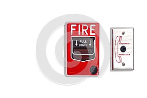 Manual pull fire alarm switch safety system box installed and fire extinguisher on white wall background