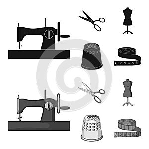 Manual sewing machine, scissors, maniken, thimble.Sewing or tailoring tools set collection icons in black,monochrom