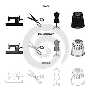 Manual sewing machine, scissors, maniken, thimble.Sewing or tailoring tools set collection icons in black,monochrome