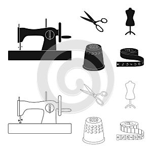 Manual sewing machine, scissors, maniken, thimble.Sewing or tailoring tools set collection icons in black,outline style
