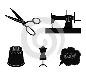 Manual sewing machine, scissors, maniken, thimble.Sewing or tailoring tools set collection icons in black style vector