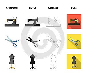 Manual sewing machine, scissors, maniken, thimble.Sewing or tailoring tools set collection icons in cartoon,black