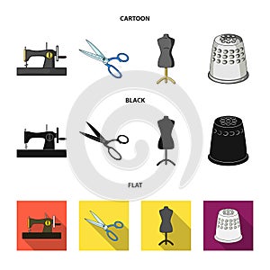 Manual sewing machine, scissors, maniken, thimble.Sewing or tailoring tools set collection icons in cartoon,black,flat