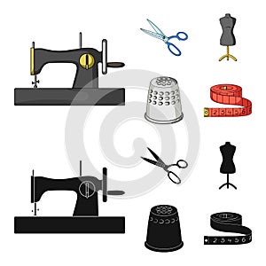 Manual sewing machine, scissors, maniken, thimble.Sewing or tailoring tools set collection icons in cartoon,black style