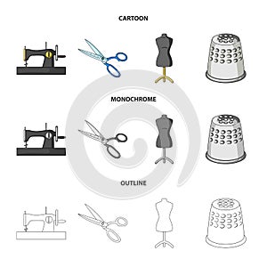 Manual sewing machine, scissors, maniken, thimble.Sewing or tailoring tools set collection icons in cartoon,outline