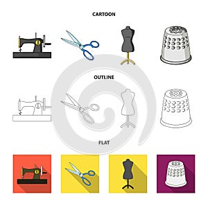 Manual sewing machine, scissors, maniken, thimble.Sewing or tailoring tools set collection icons in cartoon,outline,flat