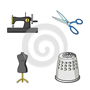 Manual sewing machine, scissors, maniken, thimble.Sewing or tailoring tools set collection icons in cartoon style vector